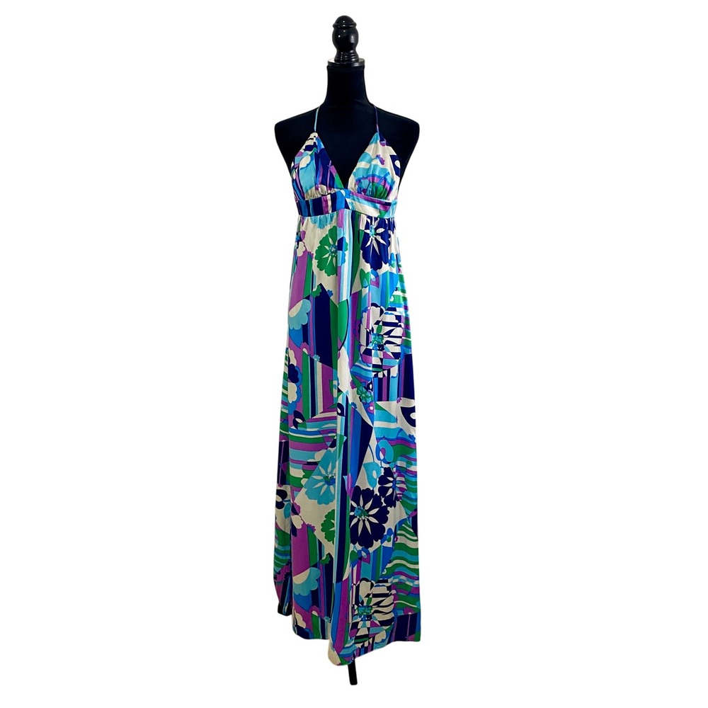 Alice & Trixie 100% Silk Maxi Dress S Retro Floral Halter Boho Y2K Geometric Mod